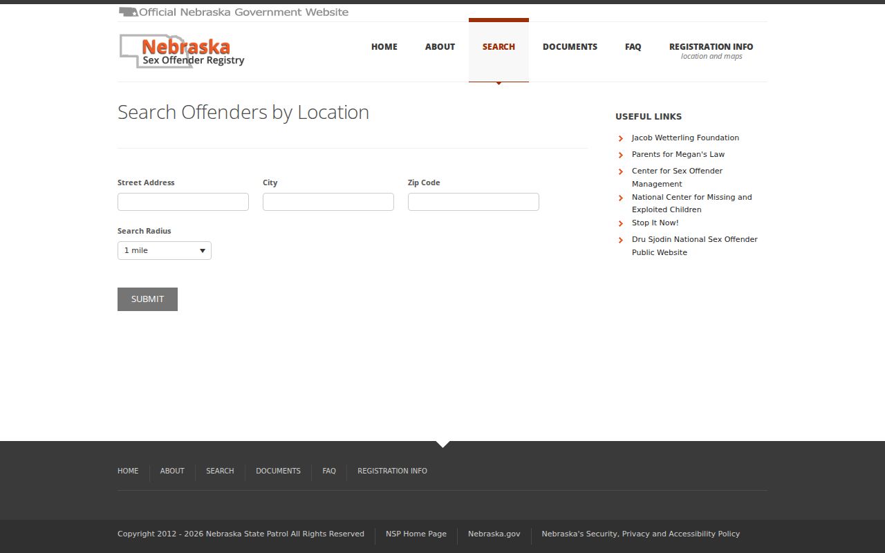 Nebraska registry location search for one two or three miles around an address