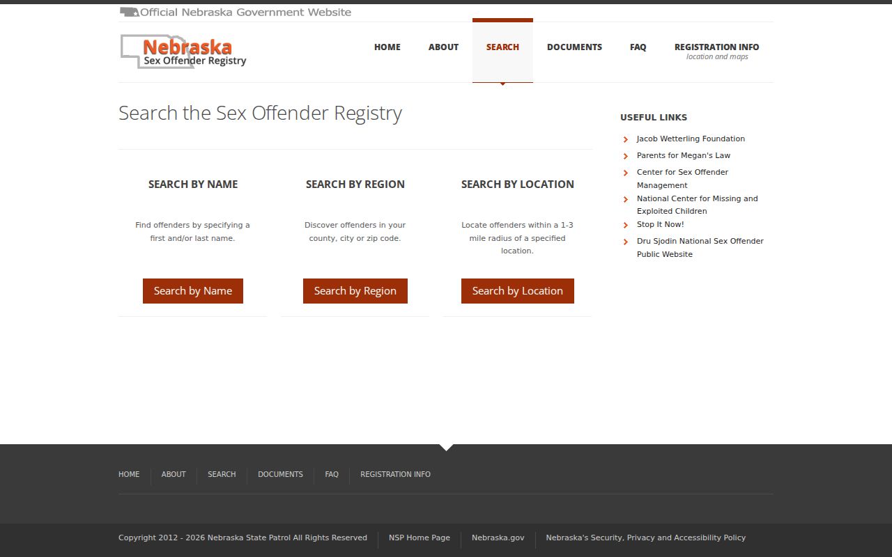 Nebraska sex offender registry results and public profile interface
