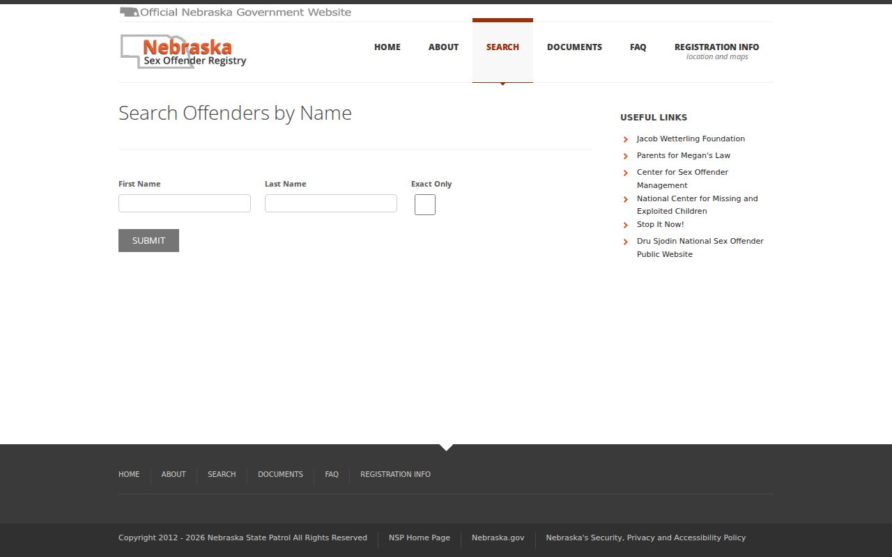 Nebraska sex offender registry first name last name and exact-only search fields