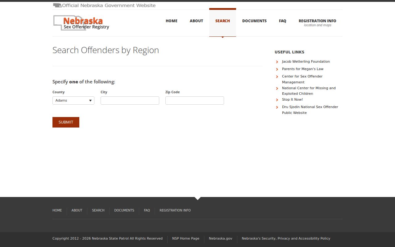 Nebraska registry region search with county city and ZIP options